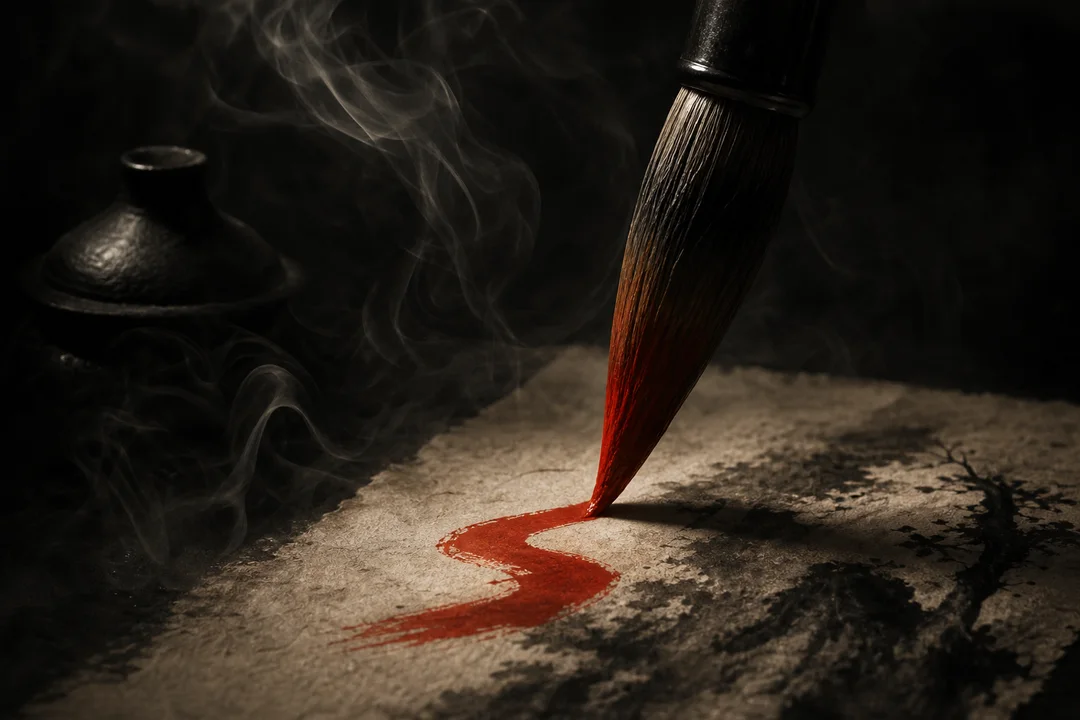 A calligraphy brush drawing a cinnabar-red stroke on rice paper amid incense smoke